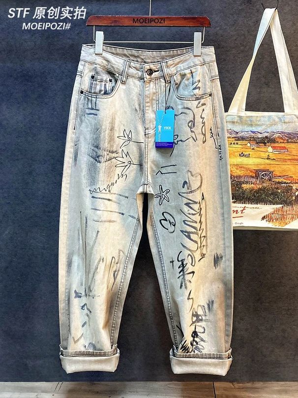 High End Men's Streetwear Jeans Japanese Brand Loose Fitting Straight Leg Graffiti Splatter Paint Distressed Look_mkmklike.com