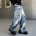 Unisex Distressed Wide-Leg Jeans – Raw Hem Mud-Dyed Denim With Asymmetrical Patchwork, Loose Fit For Streetwear & Grunge Looks (S-3xl)_mkmklike.com
