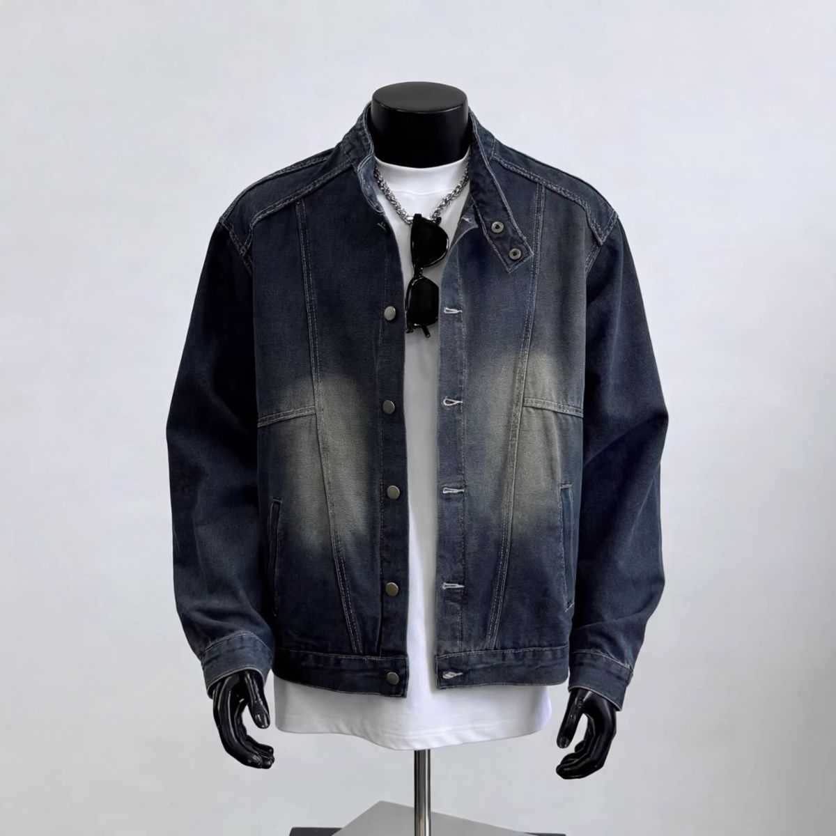 Korean Style Retro Washed Distressed Denim Jacket Long Sleeved Stand Up Collar Single Breasted For Spring And Autumn Versatile Trendy Clothing_mkmklike.com