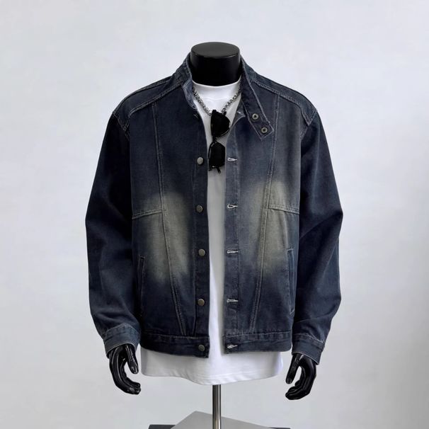 Korean Style Retro Washed Distressed Denim Jacket Long Sleeved Stand Up Collar Single Breasted For Spring And Autumn Versatile Trendy Clothing_mkmklike.com