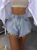 Women's Raw Hem Flared Denim Shorts With Elastic Waist - Vintage Washed Cotton High-Waisted Casual Summer Shorts_mkmklike.com