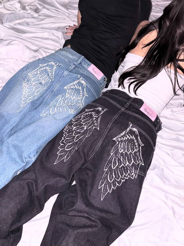 Women's Y2K Japanese Streetwear Straight Leg Denim Jeans Angel Wings Rhinestone Embroidery Casual Loose Fit Cotton Polyester_mkmklike.com