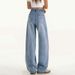 Light Blue High-Waisted Curved Hem Jeans For Women – Loose Fit Wide-Leg Denim Pants With Relaxed Streetwear Vibe (Summer Staple)_mkmklike.com