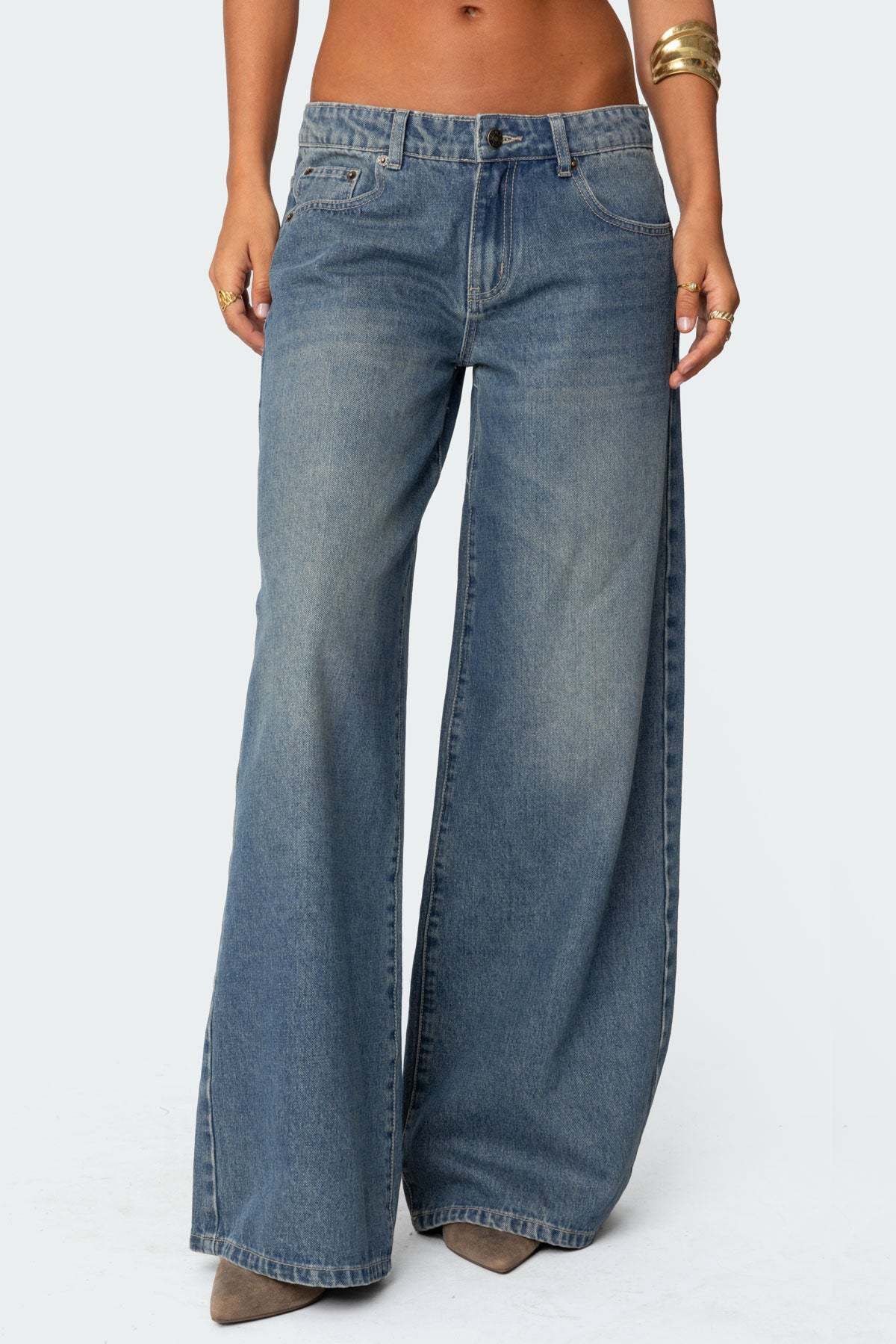 Women's Loose Fit Printed Wide Leg Jeans - Vintage Washed Denim For Casual & Office (Dark Blue/Black)_mkmklike.com