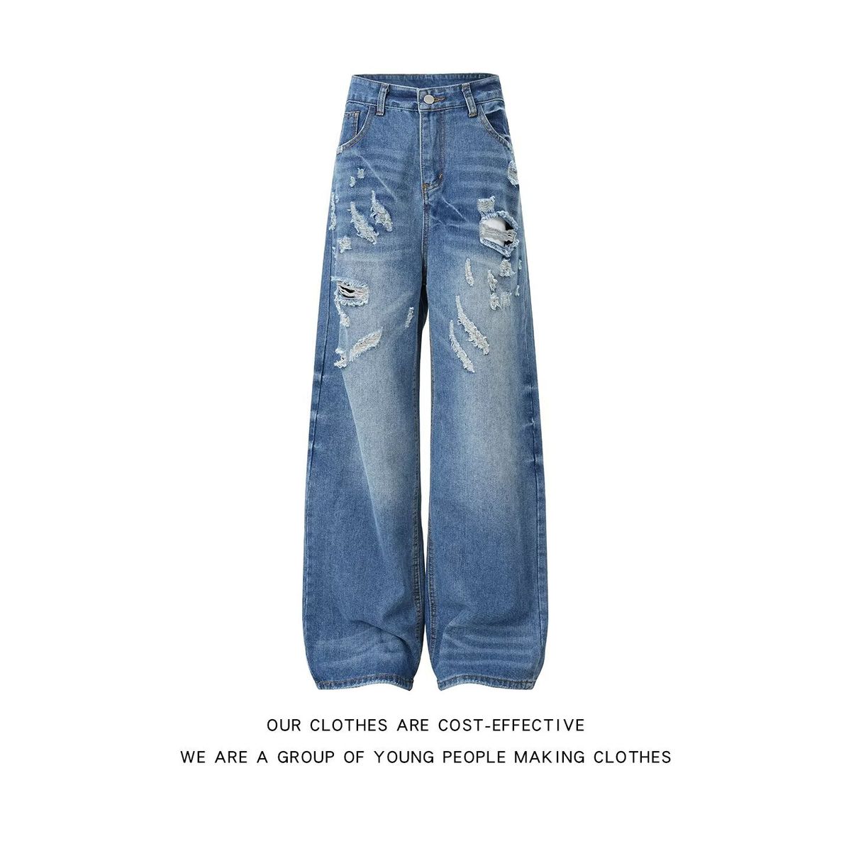 Distressed Ripped Denim Jeans For Men And Women, Vintage Washed Baggy Cargo Pants, Oversized Straight Leg Joggers_mkmklike.com