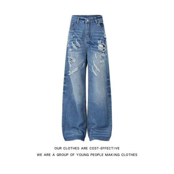 Distressed Ripped Denim Jeans For Men And Women, Vintage Washed Baggy Cargo Pants, Oversized Straight Leg Joggers_mkmklike.com