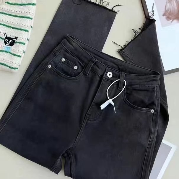Whimsical Puppy Embroidered High-Waisted Jeans – Korean Streetwear Straight-Leg Denim Pants (S-5XL, Distressed Hem, Light Wash)_mkmklike.com