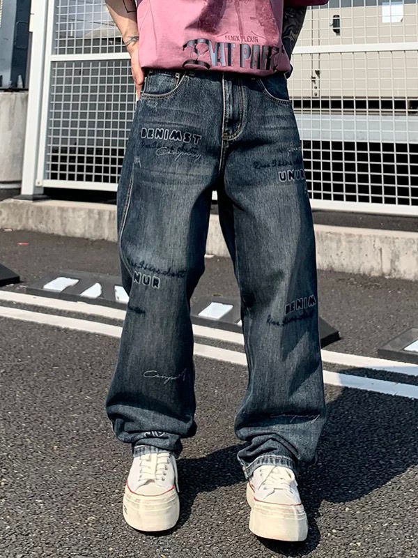 Men's Clothing Autumn And Winter New Embroidery Printing Retro Washed Jeans Men's Trendy Brand Straight Wide-leg Pants_mkmklike.com