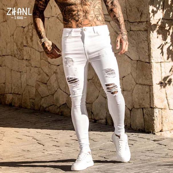 Fashion White Elastic Thin Pants Man Ripped Jeans Men's Streetwear Vintage Washing Solid Denim Pants Men's Casual Slim Fit Pants_mkmklike.com