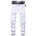 Men's Slim Fit Stretch Ripped Jeans - White Distressed Denim Pants With Decorative Stripes For Casual & Streetwear Style_mkmklike.com