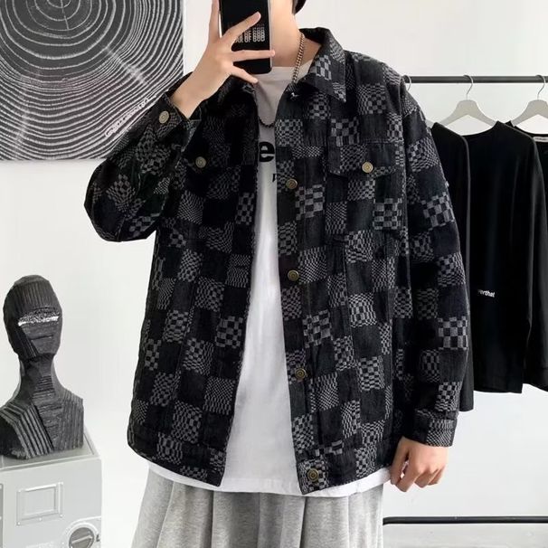 Men's Clothing Checkerboard Denim Jacket Trendy Loose Handsome Street Casual Workwear Tops_mkmklike.com