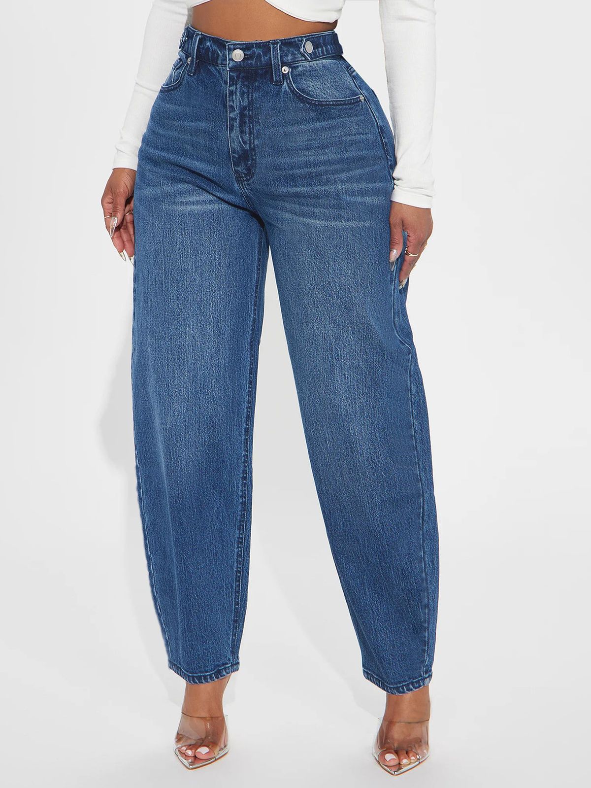 Vintage Lantern-Shaped Women's Jeans - Loose Fit Relaxed Harem Pants With Retro Wash & Button Details_mkmklike.com