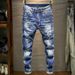 Men's Clothing Hole Slim Fit Trend Men's Slim Fit Distressed Jeans - Trendy Ripped Skinny Denim Pants For Nightclub & Streetwear (Blue, Sizes 28-36)_mkmklike.com