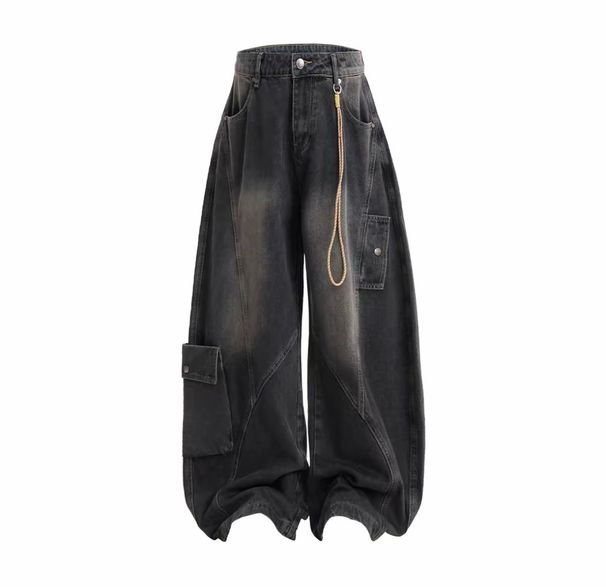 Loose Fit Distressed Jeans With Multiple Pockets, Straight Leg Wide Pants For Men & Women Functional Multi-Pocket Design_mkmklike.com