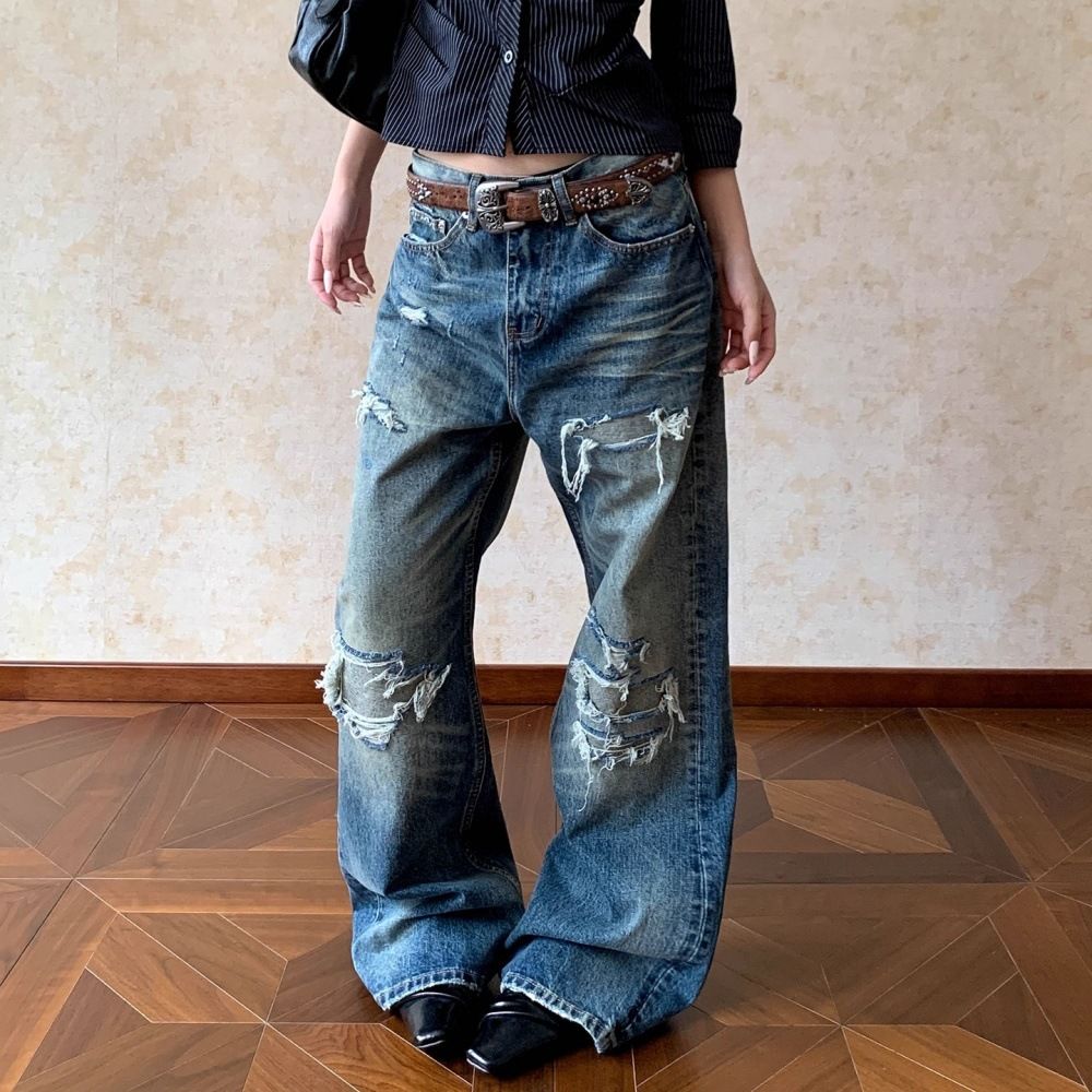Retro Washed Distressed Ripped Patched Whisker Jeans Straight Leg Loose Fit For Men And Women Stylish Denim_mkmklike.com