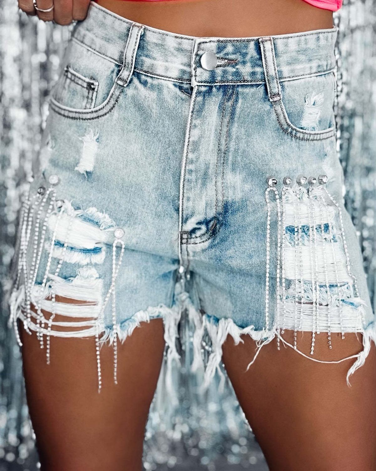 Denim shorts 2023 years European and American fashion casual studded denim hot pants_mkmklike.com