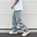 Pulse European And American High Hip-Hop Vibe Washed Blue Distressed Cat Whiskers Street Summer Straight-Leg Pants Loose Men's_mkmklike.com
