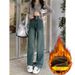 Retro High-waisted Fleece-lined Straight-leg Jeans For Women, New Winter Style, Thickened, Loose-fitting, Slimming,_mkmklike.com