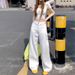 American-style Unique Open-pocket Design White Wide-leg Jeans For Women, High-waisted, Loose-fitting, Drapey_mkmklike.com