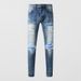Men's Retro Distressed Washed Blue Jeans Street Style Leather Patchwork Hip Hop Tight Stretch Skinny Fit_mkmklike.com