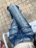 Real Shot Of Plus-size Washed Distressed Rivet Flared Jeans For Women, Low-waisted, Slim-fit, Slimming, Wide-leg Pants_mkmklike.com