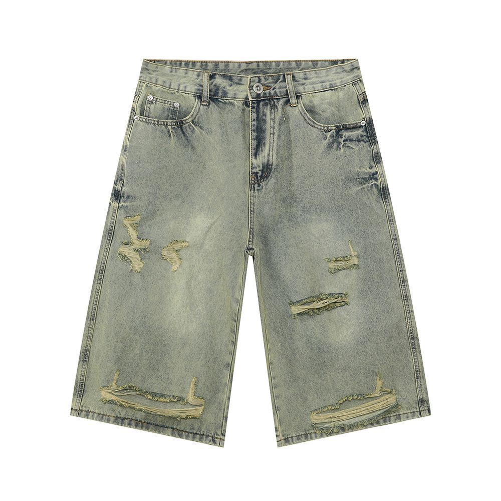 Men's Clothing | New High Street Trend Light Color Distressed Irregular Ripped Wide Leg Denim Cropped Trousers_mkmklike.com