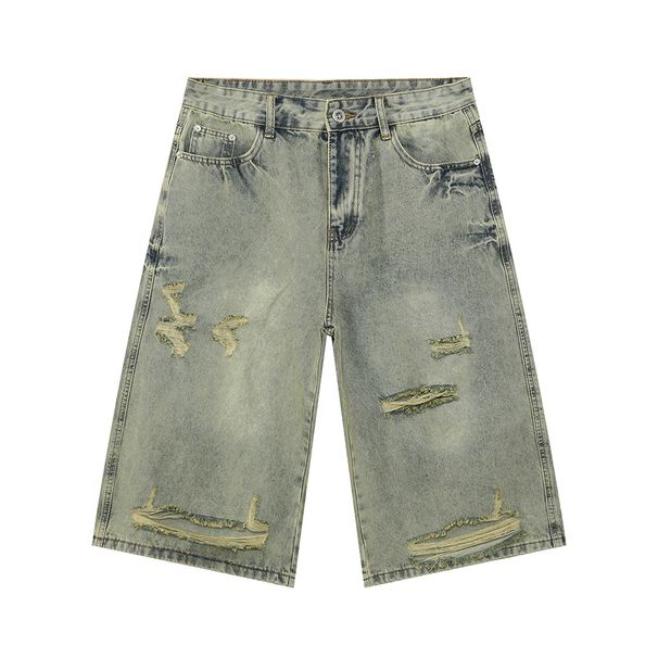 Men's Clothing | New High Street Trend Light Color Distressed Irregular Ripped Wide Leg Denim Cropped Trousers_mkmklike.com