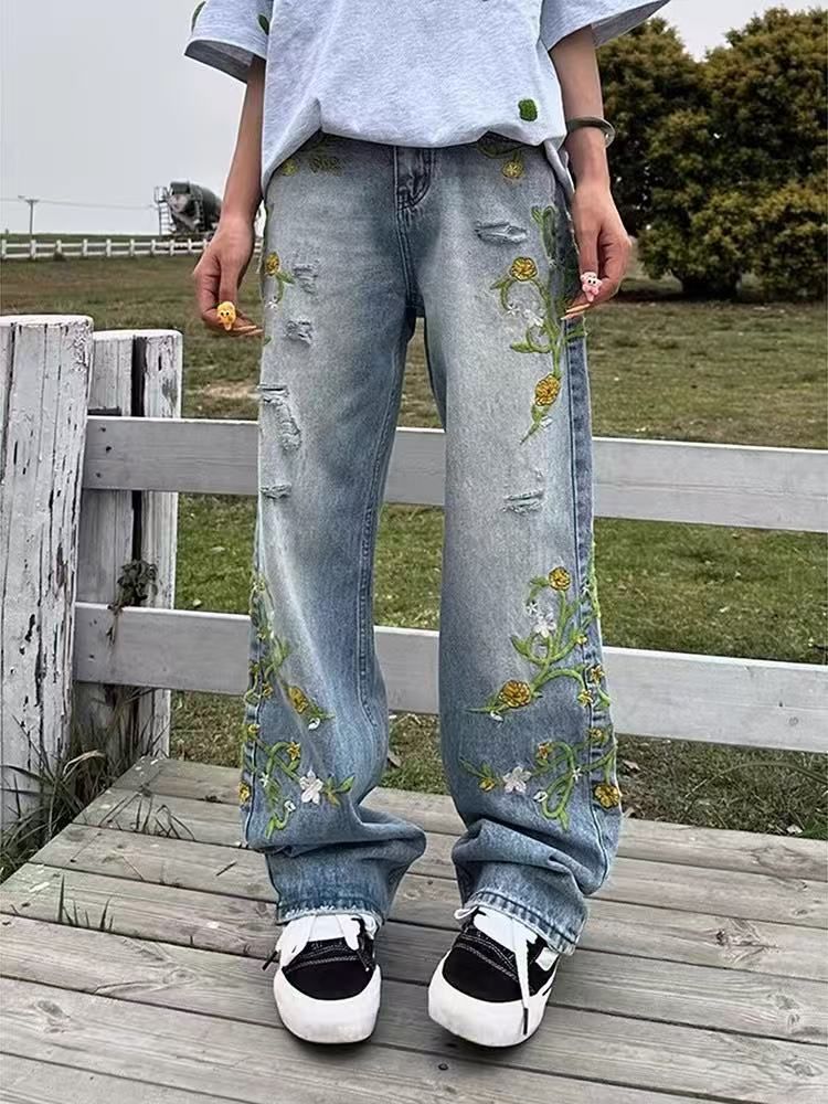 2025 New Design Embroidered Denim Trousers Men And Women High Street Casual Trousers Loose Drape Wide Leg_mkmklike.com