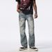 Men's Workwear Inspired Washed Distressed Patchwork Denim Jeans High Street Style Loose Straight Leg Biker Street Style Long_mkmklike.com