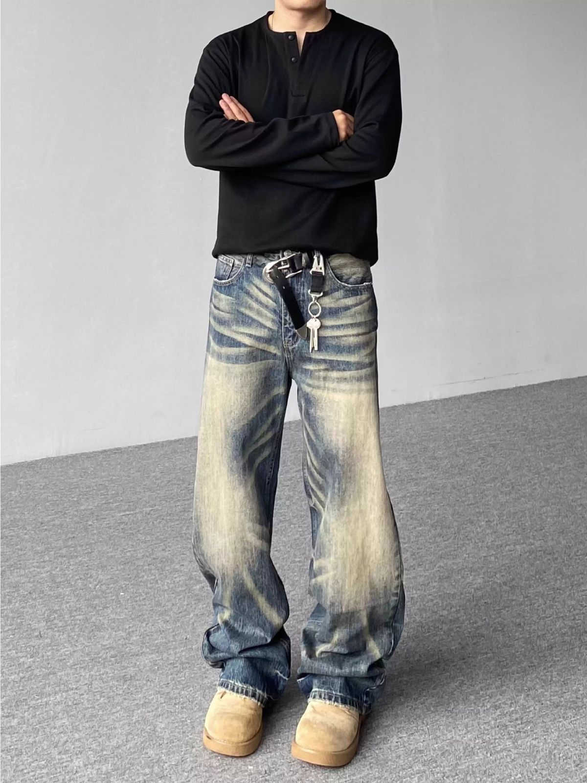 Men's Retro Street Style Embossed Washed Cleanfit Whiskered Jeans Loose Straight Leg Trousers Unisex Commuter Denim_mkmklike.com
