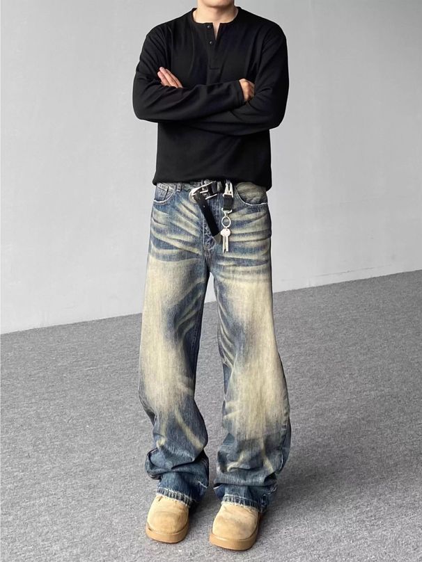 Men's Retro Street Style Embossed Washed Cleanfit Whiskered Jeans Loose Straight Leg Trousers Unisex Commuter Denim_mkmklike.com