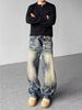 Men's Retro Street Style Embossed Washed Cleanfit Whiskered Jeans Loose Straight Leg Trousers Unisex Commuter Denim_mkmklike.com