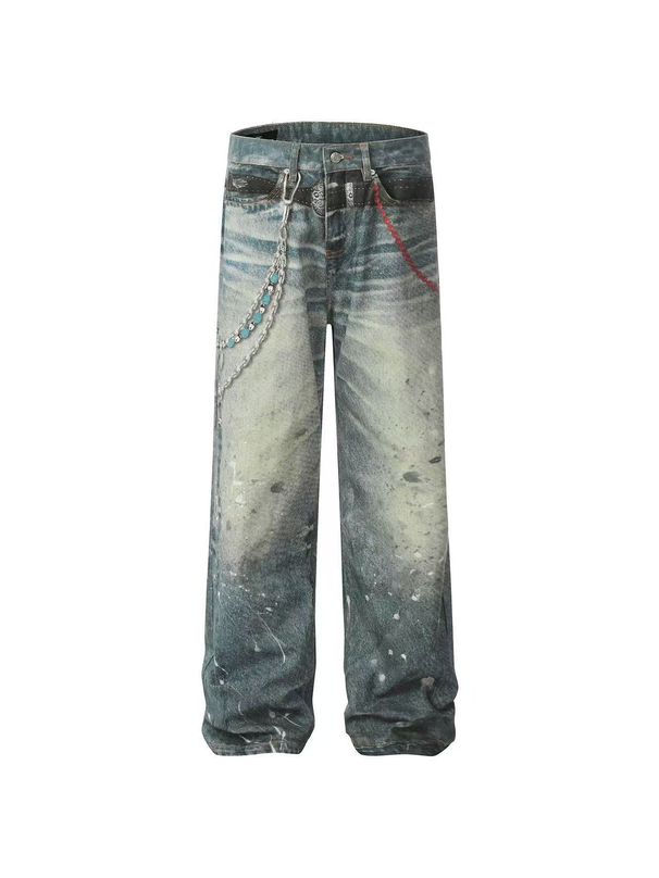 Vintage Washed Denim Jeans With Chain Accent & Paint Splatter – Relaxed Straight Fit (S-XXL)_mkmklike.com