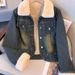 Women's Short Denim Jacket With Fleece Lining, Stylish And Warm Winter Coat For Petite Women, Trendy Casual Outerwear_mkmklike.com