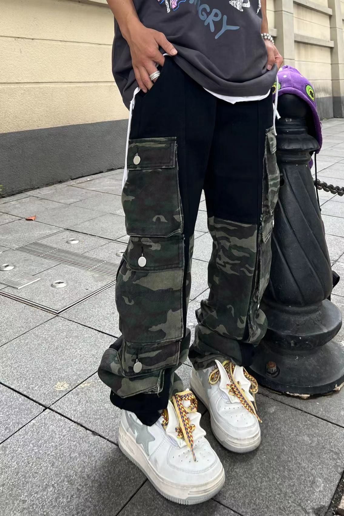 Men's Clothing European And American High Street Pocket Camouflage Workwear Patchwork Jeans Men's Trendy Loose Straight Personality Trousers_mkmklike.com