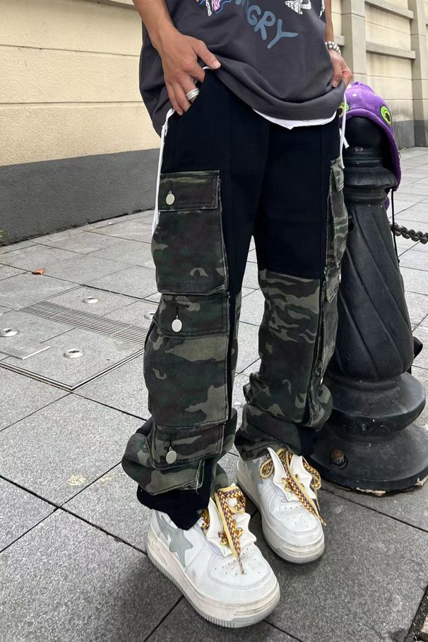 Men's Clothing European And American High Street Pocket Camouflage Workwear Patchwork Jeans Men's Trendy Loose Straight Personality Trousers_mkmklike.com
