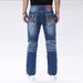 Men's Slim Fit Stretch Jeans - Classic Blue Denim Pants With Embroidered Back Pockets, Comfortable Mid-Rise Lightweight Cotton Blend For Casual Wear_mkmklike.com