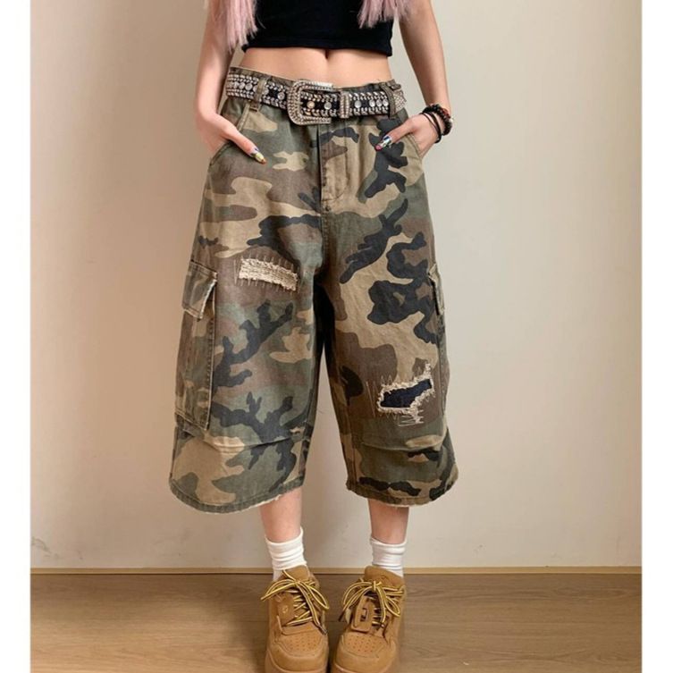 American Style Destroyed Camouflage Pants Unisex Summer 2025 New Trendy Brand Cargo Capri Shorts_mkmklike.com