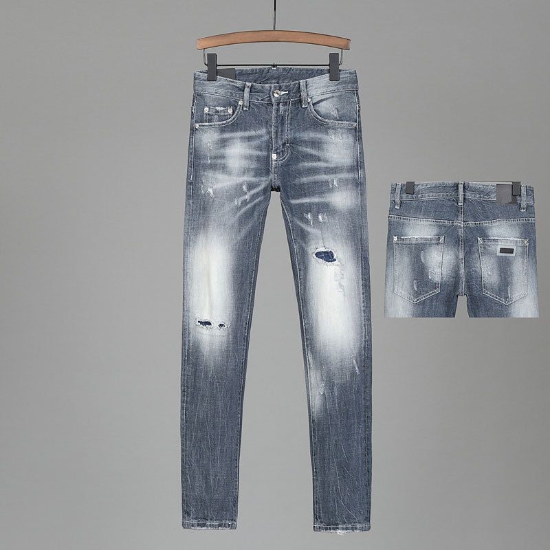 European Style Men's Distressed Slim Fit Jeans Trendy Retro Grey Whiskering Faded Midweight Cotton Long Black Blue Jeans_mkmklike.com
