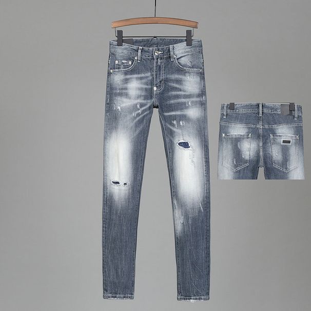 European Style Men's Distressed Slim Fit Jeans Trendy Retro Grey Whiskering Faded Midweight Cotton Long Black Blue Jeans_mkmklike.com