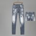 European Style Men's Distressed Slim Fit Jeans Trendy Retro Grey Whiskering Faded Midweight Cotton Long Black Blue Jeans_mkmklike.com