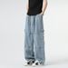 "Men's Vintage Washed Denim Work Pants – Relaxed Wide Leg Fit With Utility Pockets (S-3XL, Light Blue/Black)"_mkmklike.com