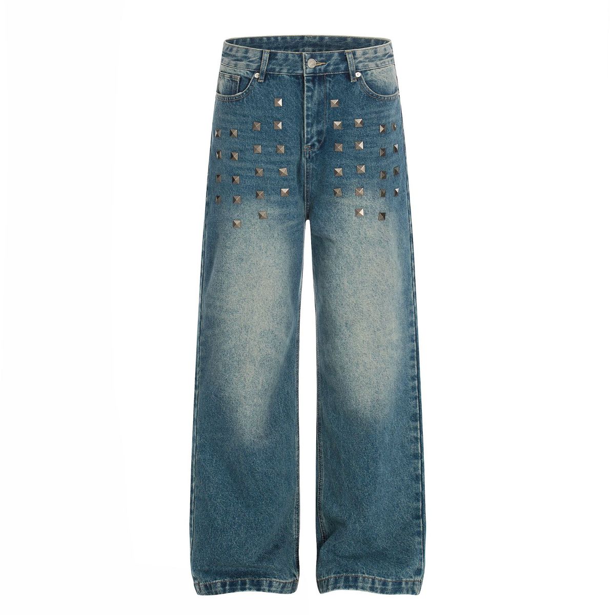 Men's Loose Straight Jeans High Street Style High End Washed Blue Rivet And Metal Design Unisex_mkmklike.com