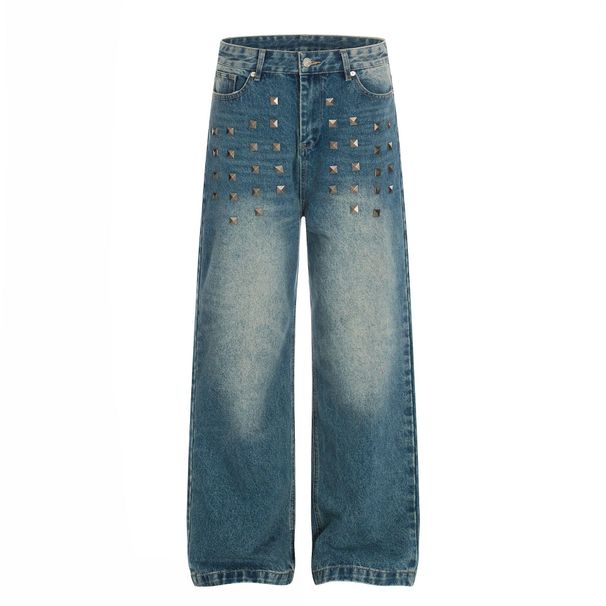 Men's Loose Straight Jeans High Street Style High End Washed Blue Rivet And Metal Design Unisex_mkmklike.com