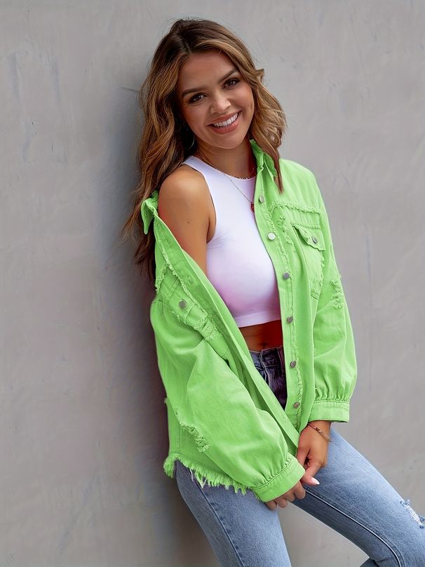 Women's Distressed Denim Jacket Oversized Long Sleeve Casual Shirt Coat In Solid Colors_mkmklike.com