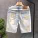 Men's Star-Print Denim Shorts Vintage American Style Distressed Casual Summer Light Blue Wash 5 Inch Size 28 to 36_mkmklike.com