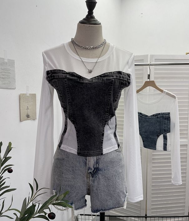 Women's Clothing Girl Design Mesh Splicing Denim Top Long Sleeved Bottoming Shirt Slim Short Niche T Shirt_mkmklike.com
