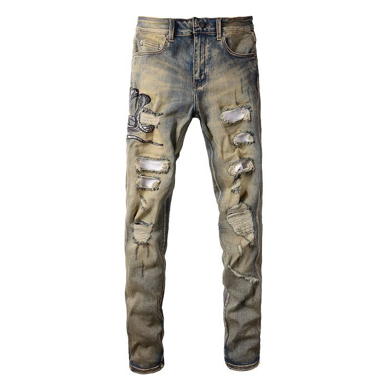 Trendy Brand American Retro Slim-fit Men's Jeans Men's Embroidered Elastic High Street Ripped Pants Men's Pants 611_mkmklike.com