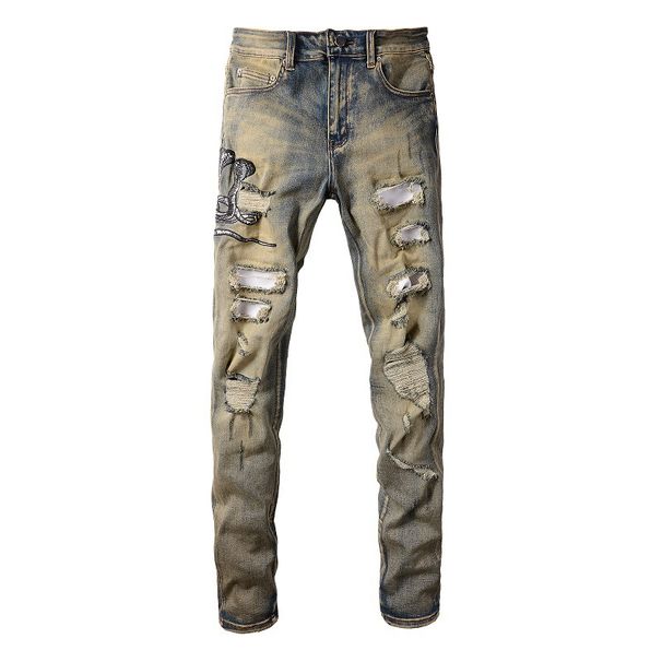 Trendy Brand American Retro Slim-fit Men's Jeans Men's Embroidered Elastic High Street Ripped Pants Men's Pants 611_mkmklike.com