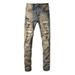 Men's Clothing Fashion Retro Slim Embroidery Stretch Slim Fit Vintage American Style High Street Distressed Jeans With Embroidery & Stretch - Blue_mkmklike.com